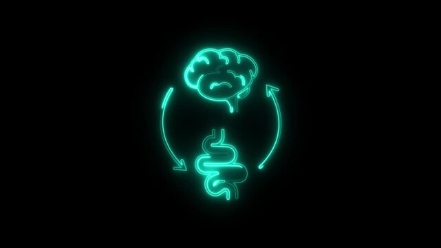 Glowing Brain Gut Icon and Symbol in HD Video Neon Animation on Black Background