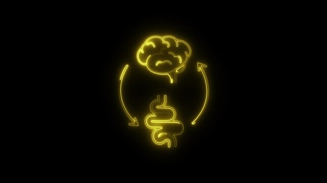 Glowing Brain Gut Icon and Symbol in HD Video Neon Animation on Black Background