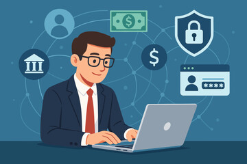 Digital banking security and fintech concept. Businessman at laptop managing online finances and payments. Vector illustration of cybersecurity, password protection, and secure transactions.