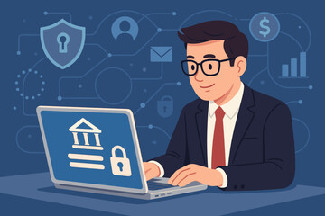 Businessman managing secure digital banking on laptop. Financial technology fintech concept with icons for data protection, investment, and cybersecurity. Online payment vector art.