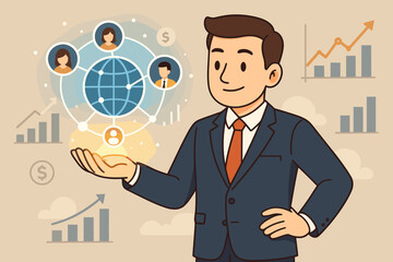 Businessman holding a glowing global network. Concept for international business management, financial investment, and successful strategy. Infographic with growth charts and money.