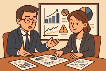 Financial strategy meeting with business people analyzing data. Colleagues discussing charts, graphs and market risk report. Teamwork and corporate planning vector concept.