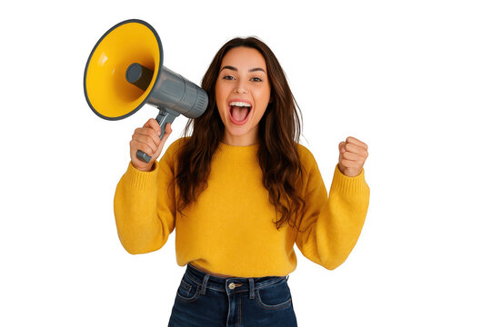 Excited Woman with Megaphone &ndash; Announcement or Promotion Concept