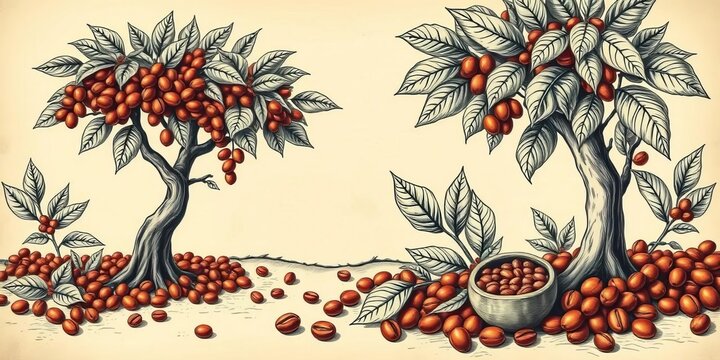 Vintage coffee banner illustrations featuring hand-drawn engraved coffee trees and beans,  menu,  vector