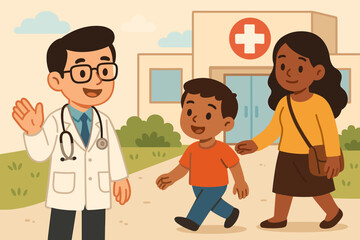 Friendly pediatrician doctor waves goodbye to happy mother and child patients leaving the hospital clinic. Family healthcare, medical checkup, and positive consultation concept vector.