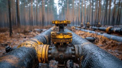 Industrial pipeline junction in a pine forest - Powered by Adobe