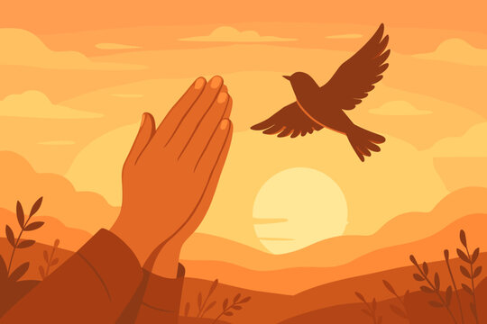 Praying hands with flying bird at sunset. Concept of faith, hope, peace, and prayer. Spiritual symbol of religion, freedom, and worship. Christian belief and gratitude vector.