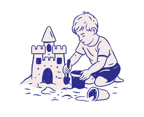 Boy Child Building Sandcastle Beach Kid Retro Sketch Whimsical Doodle Illustration