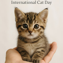 Obraz premium International Cat Day: A cute tabby kitten is held gently in a hand, isolated on a white background