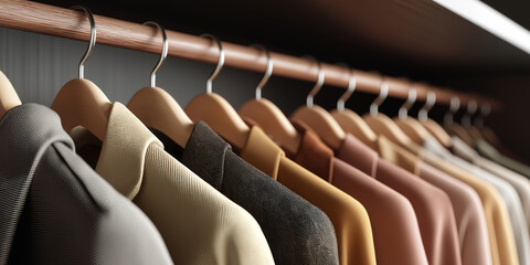 Obraz premium Side view of hanging section with color-coordinated dresses and blazers on wooden hangers, modern closet design.
