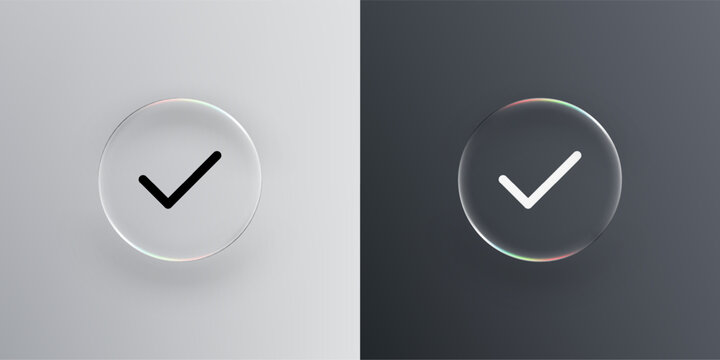 Liquid glass vector circle on two backgrounds with black and white check mark. Abstract 3d button for ui design and modern interface. 