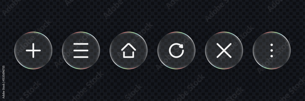 Poster White outlined UI icons in liquid glass circles. Modern interface button set for application design development. Vector graphics.