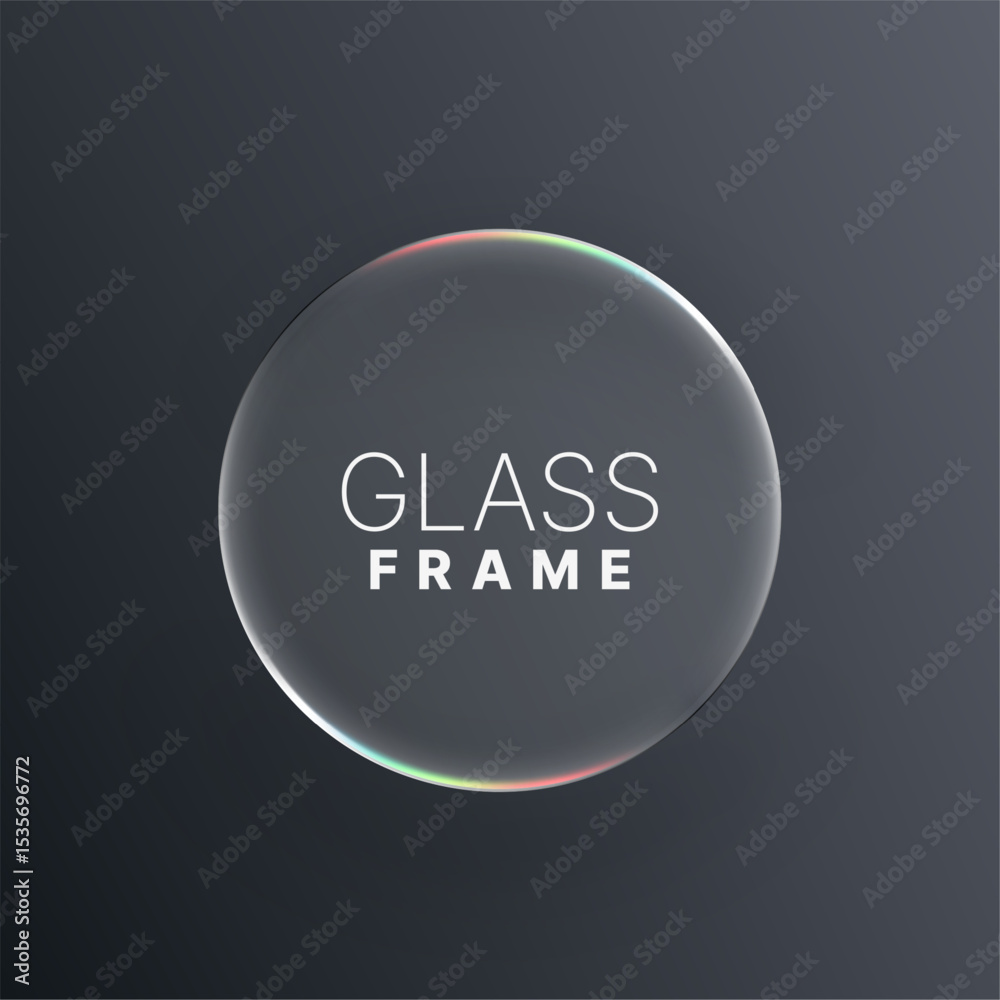 Poster Round liquid glass in center with text, abstract bubble frame on dark background for display and design.  Vector graphics.