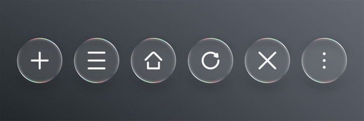Liquid glass design of basic web buttons for user interface. UI UX elements icon set with soft light. Vector graphics.