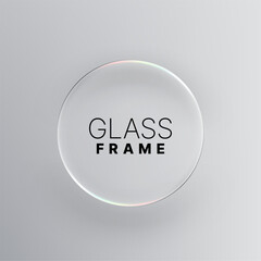 Liquid glass transparent circle frame design with reflective light isolated on a gray background for abstract effect. Vector graphics.
