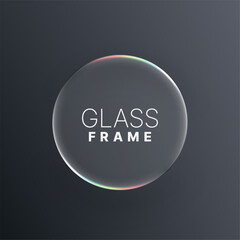 Round liquid glass in center with text, abstract bubble frame on dark background for display and design.  Vector graphics.