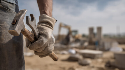 Laborer holding hammer and wrench, wearing gloves, on construction site with machinery and materials in background, showcasing dedication to skilled craftsmanship and hard work