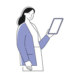 Elegant Asian woman views her digital tablet with a smile in the office