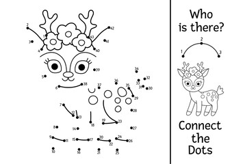 Vector black and white fairyland dot-to-dot activity with deer. Enchanted forest connect the dots game, coloring page with woodland animal. Fairytale printable worksheet with magic creature