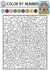 Vector fairyland color by number activity with mushroom fairy house. Magic forest landscape scene. Black and white counting game with cute fantasy home. Fairytale coloring page for kids