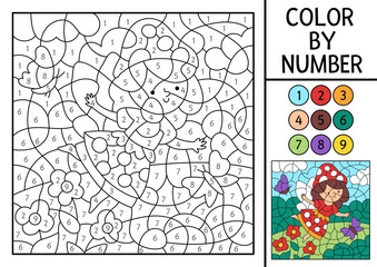 Vector fairyland color by number activity with mushroom fairy on the meadow. Magic forest landscape scene. Black and white counting game with cute fantasy girl. Fairytale coloring page for kids