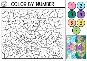 Vector fairyland color by number activity with flower fairy on the meadow. Magic forest landscape scene. Black and white counting game with cute fantasy girl. Fairytale coloring page for kids