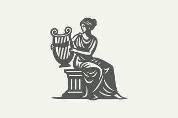 Ancient muse with lyre sitting, vintage silhouette vector illustration