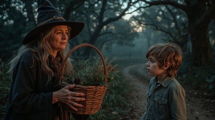 Obraz premium Sorceress offering Jacob a basket of magic grass with a cunning smile, mystical exchange in enchanted garden, illustration for the fairy tale 