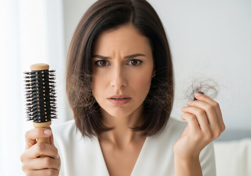 A woman with shoulder length dark hair looks distressed, holding a round hair brush in one hand and a clump of hair in the other. She has a worried expression on her face