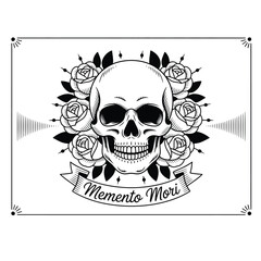 Fototapeta premium a traditional black and white tattoo-style illustration of a skull entwined with roses, in classic flash art design