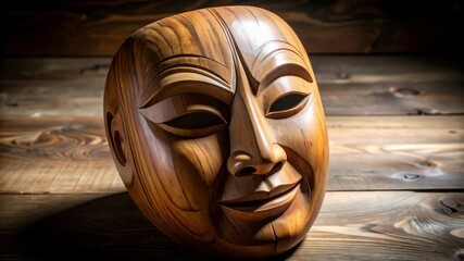 Detailed wood carving of a traditional mask with a smiling expression on a rustic wood surface creating a warm, inviting atmosphere - Powered by Adobe