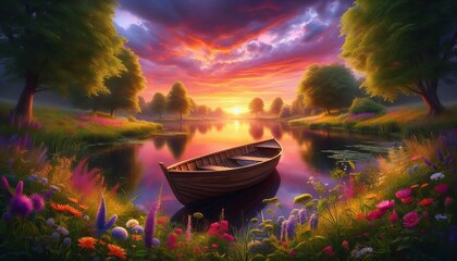 Obraz premium Empty Boat on River at Sunset