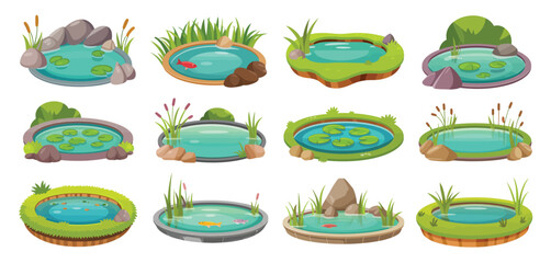 Twelve cartoon illustrations of garden ponds