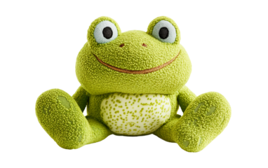 Vibrant green frog toy with playful bouncy legs and a cheerful smiling face isolated on transparent background PNG