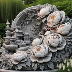 Obraz premium The Peony and Sculpture Garden Peonies as a backdrop for sculptu