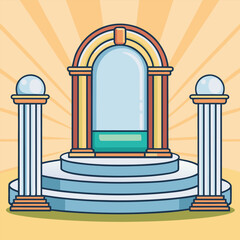 Cartoon illustration of a ceremonial stage with columns a portal and a three tiered platform set against a radiating light background vector illustration