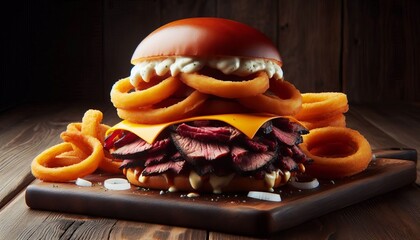 Brisket Cheddar with Onion Rings and Horseradish Mayo