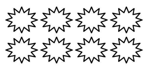 Eight simple black starburst shapes on white