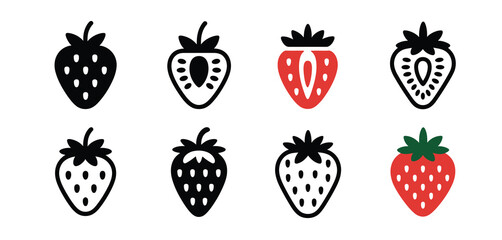Strawberry icons set whole half and seeds
