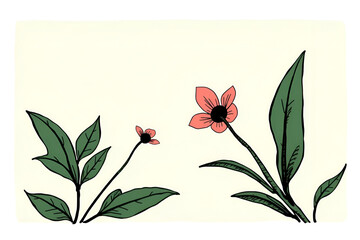 Simple pink flower illustration with black center, green leaves on a cream background. Minimalist botanical design, flat line art style, suitable for spring or summer.