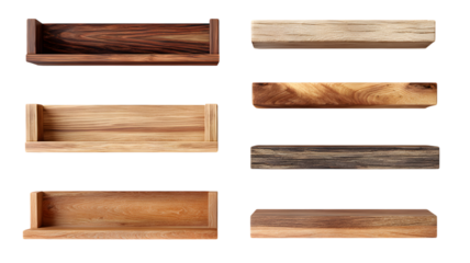 Floating wooden shelves displaying unique wood grain variations against a dark background showcasing modern interior design