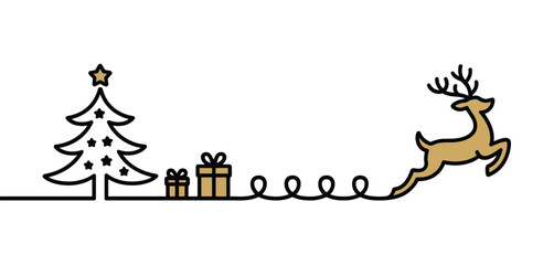 Christmas reindeer line art with tree and gifts