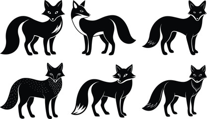 Six Black Fox Silhouettes Wildlife Animal Art