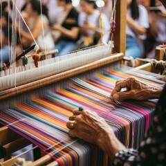 A close up of a weaving demonstration where the artisan is creat