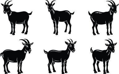 Six Black Goat Silhouettes Farm Animals