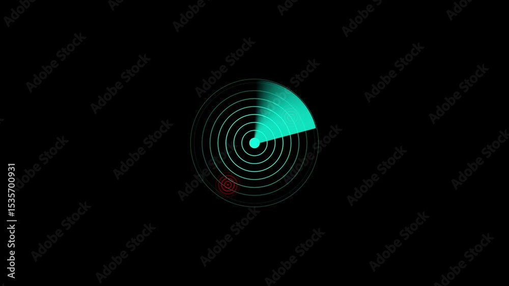 Poster animated teal radar screen with target detection displayed against a black background. signal transm