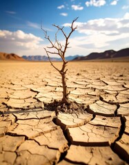global warming; dry tree branch, desert landscape