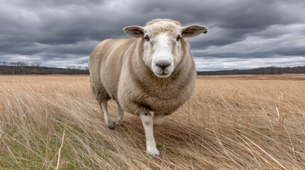 Obraz premium A curious sheep standing in a vast open field under a cloudy sky