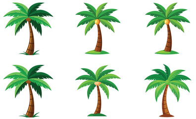 Fototapeta premium Six Cartoon Coconut Palm Trees Tropical Vacation Illustration