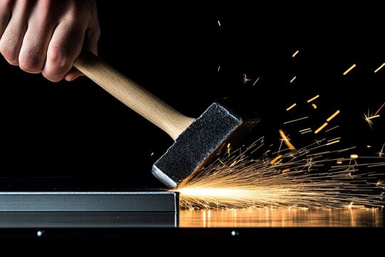 Dramatic footage in slow motion shows a hammer striking metal against a black backdrop